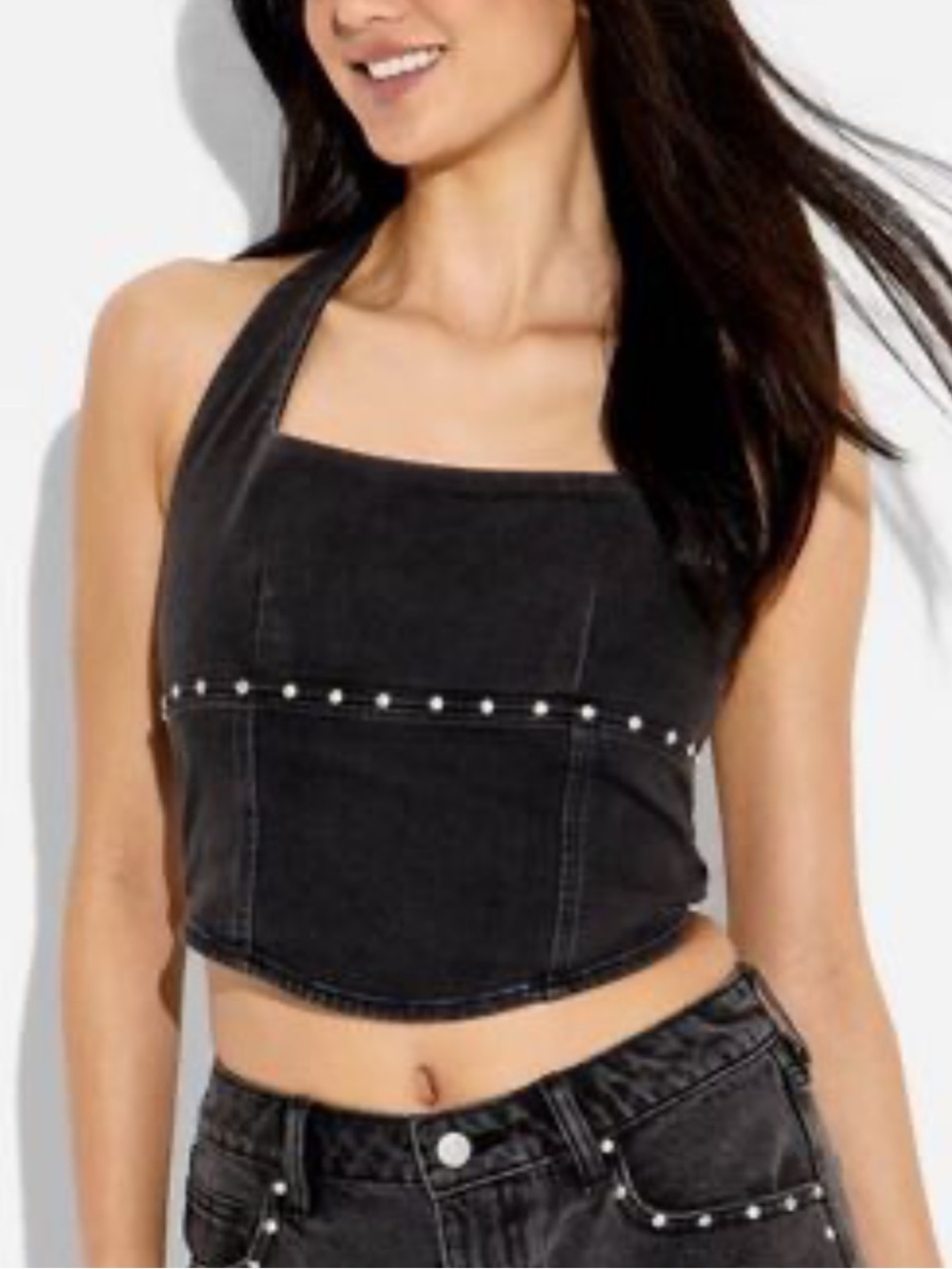Wild Fable Western Black Denim Studded Halter Zip Back Crop Top. Size XXS NWT! - Picture 2 of 10